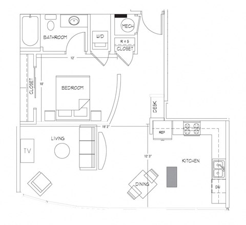 Floor plan for 1 bed, 1 bath, 756 sqft
